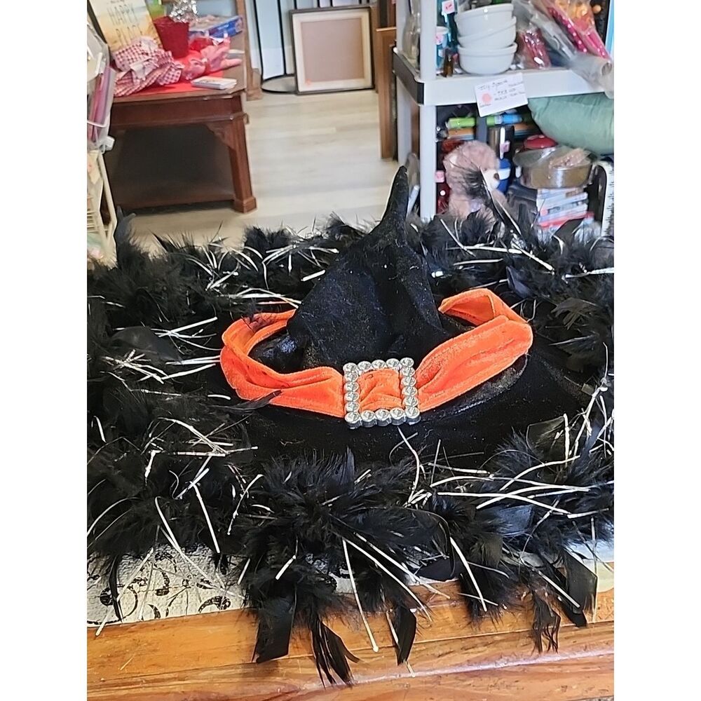 Black Feathered Witch Hat with Orange Velvet Band
